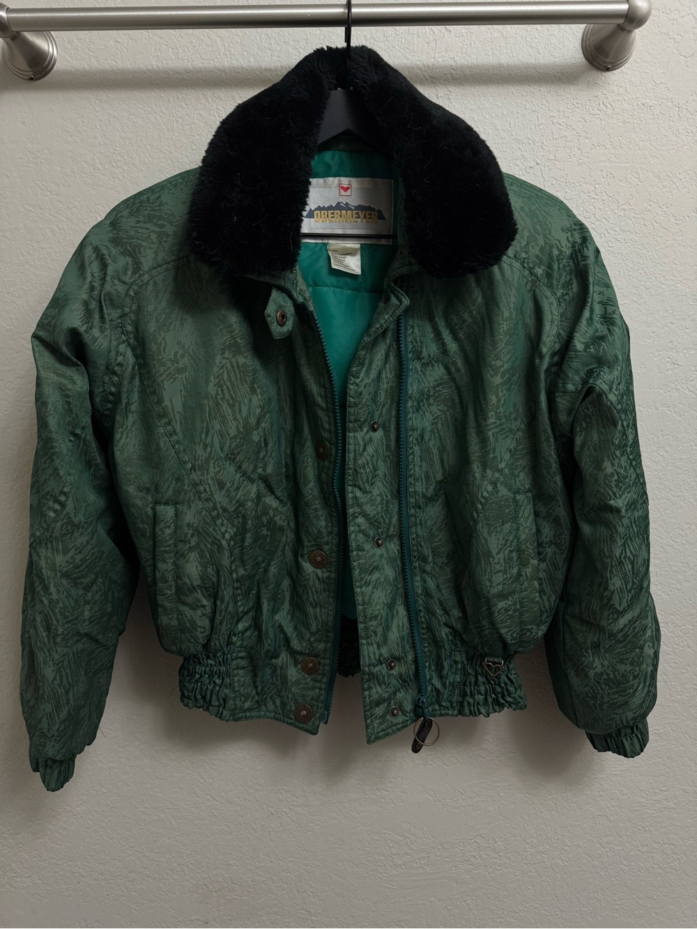 Obermeyer vintage Forest Green Bomber Jacket with Black Faux Fur Collar